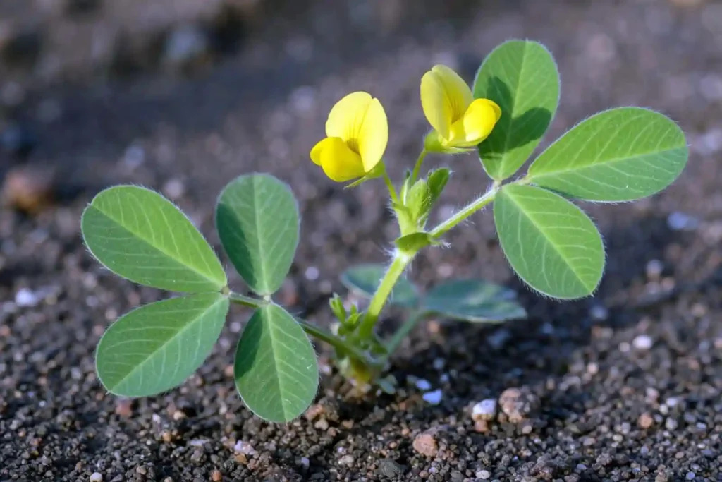 peanut plant leaflets and yellow blooms