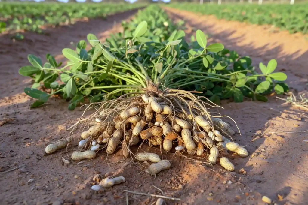 peanut plant pulled from soil showing pods on roots