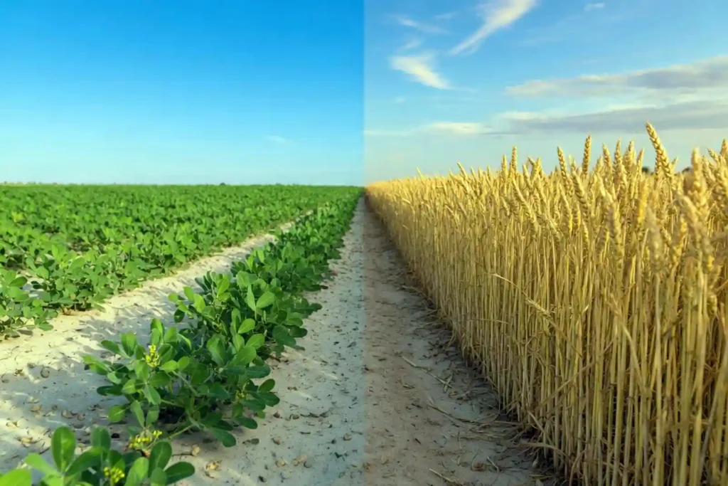 peanut bush growing in sandy field next to wheat field