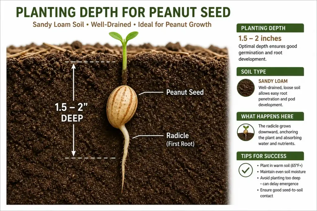 Infographic showing correct peanut planting depth and spacing