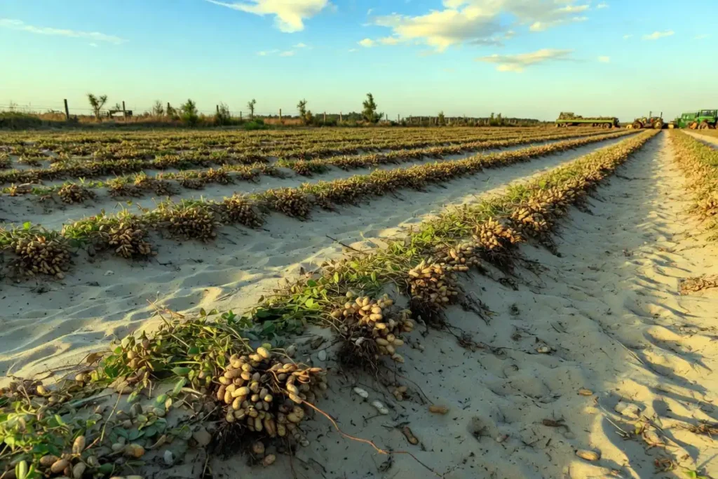 Freshly dug peanut plants curing in field windrows