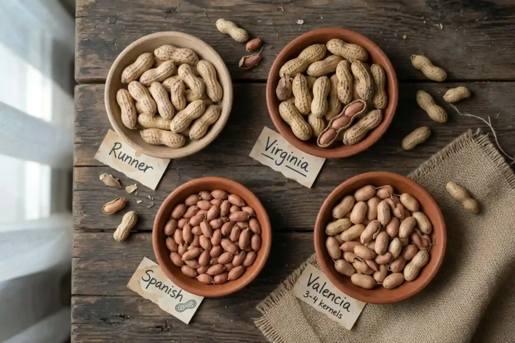 assorted peanut varieties displayed on a rustic wooden table