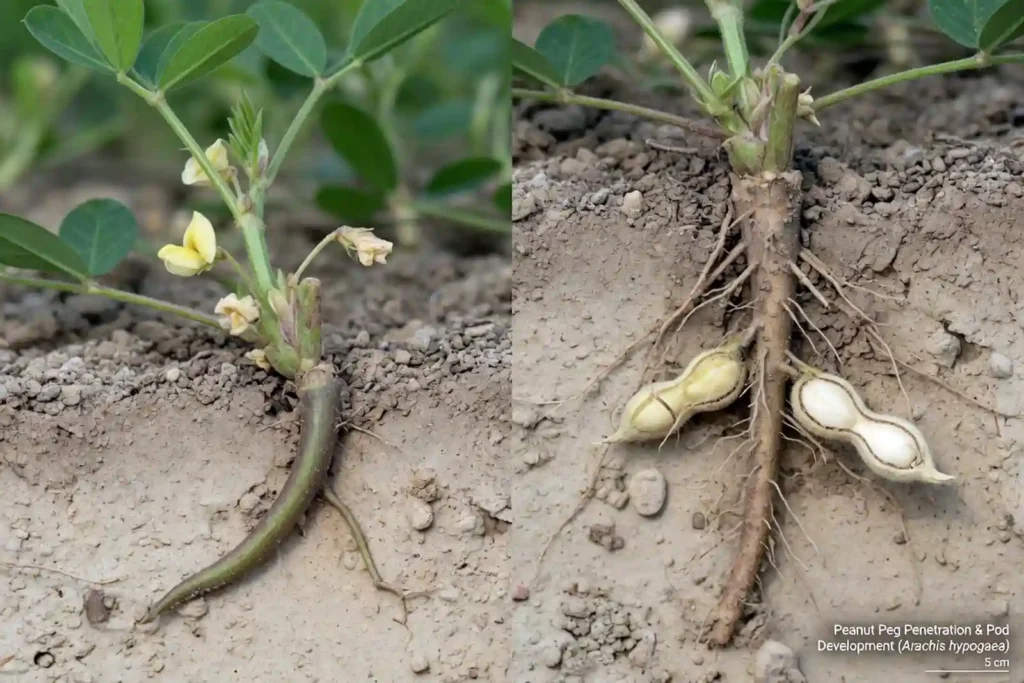developing peanut pods underground in sandy loam soil