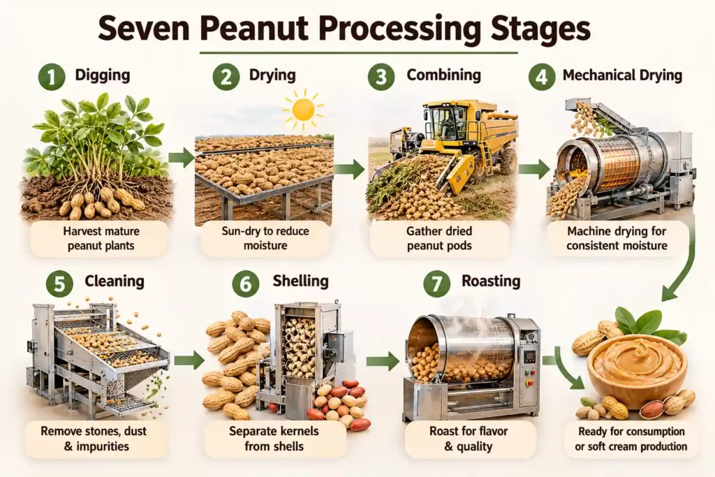 Infographic showing seven peanut processing steps with icons