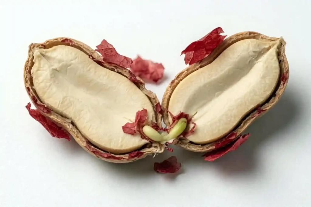 open peanut shell showing two cotyledon halves and red seed coat