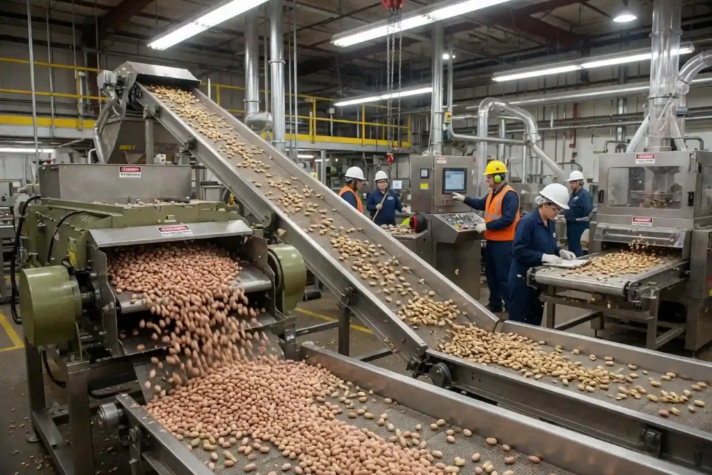 Industrial shelling plant separating peanut hulls from kernels