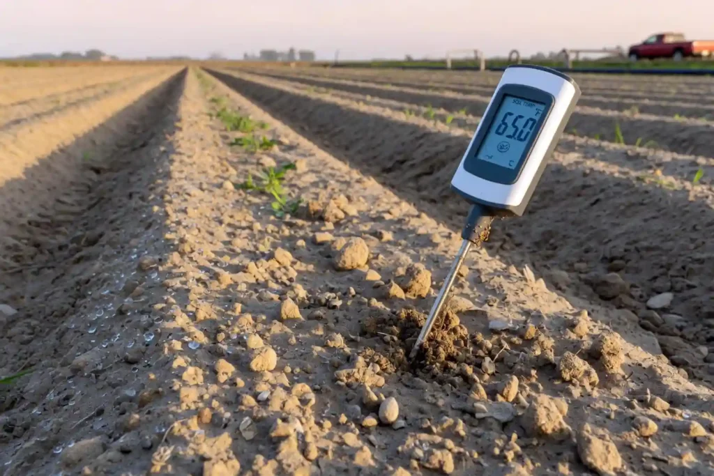 Soil thermometer reading 65°F in peanut field