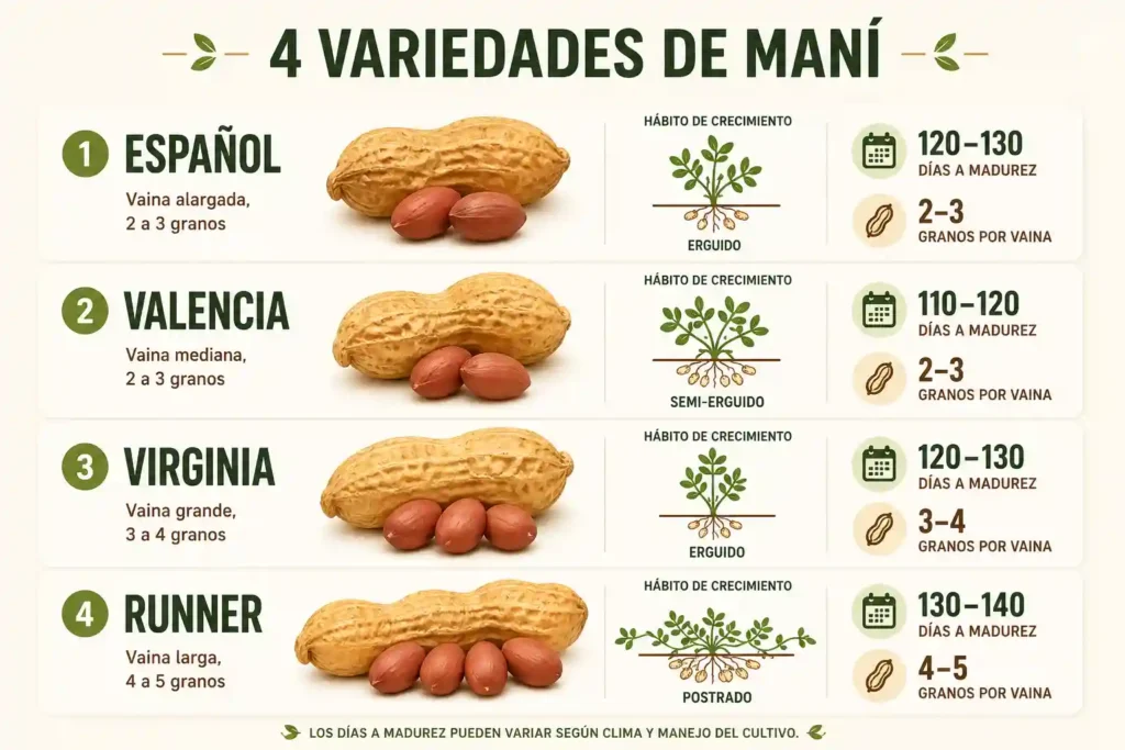 Infographic comparing Spanish Valencia Virginia and Runner peanut types