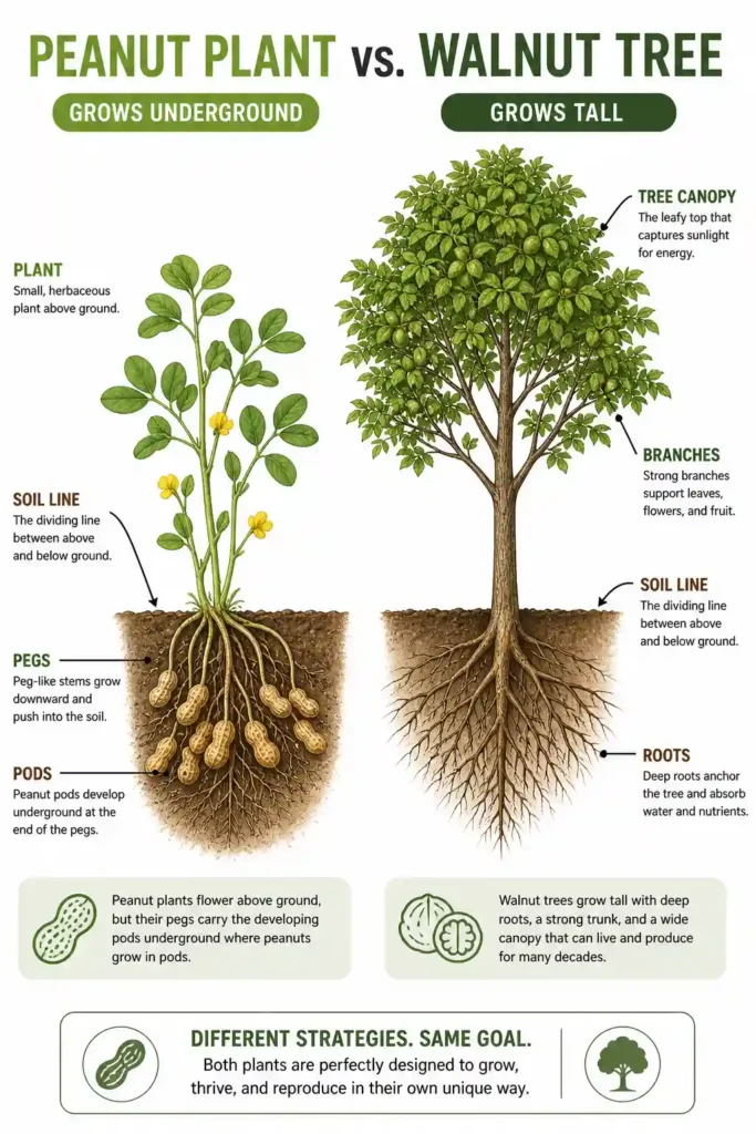 Infographic comparing peanut plant and walnut tree growth habits