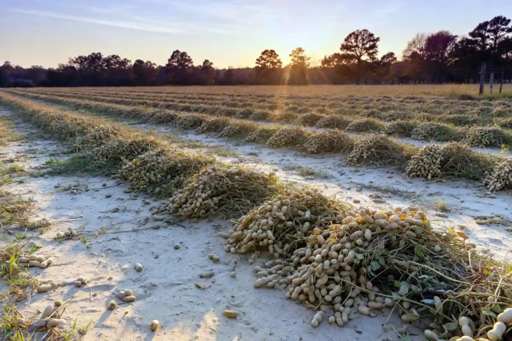 Inverted peanut windrows drying in the sun before threshing