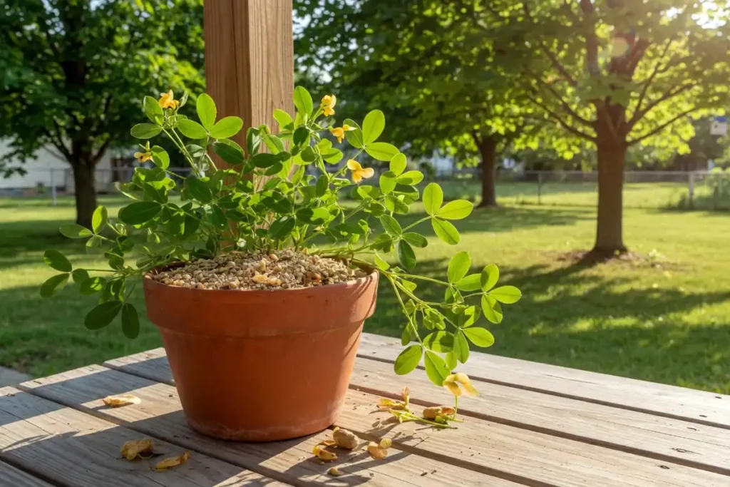 Peanut plant thriving in a five-gallon container