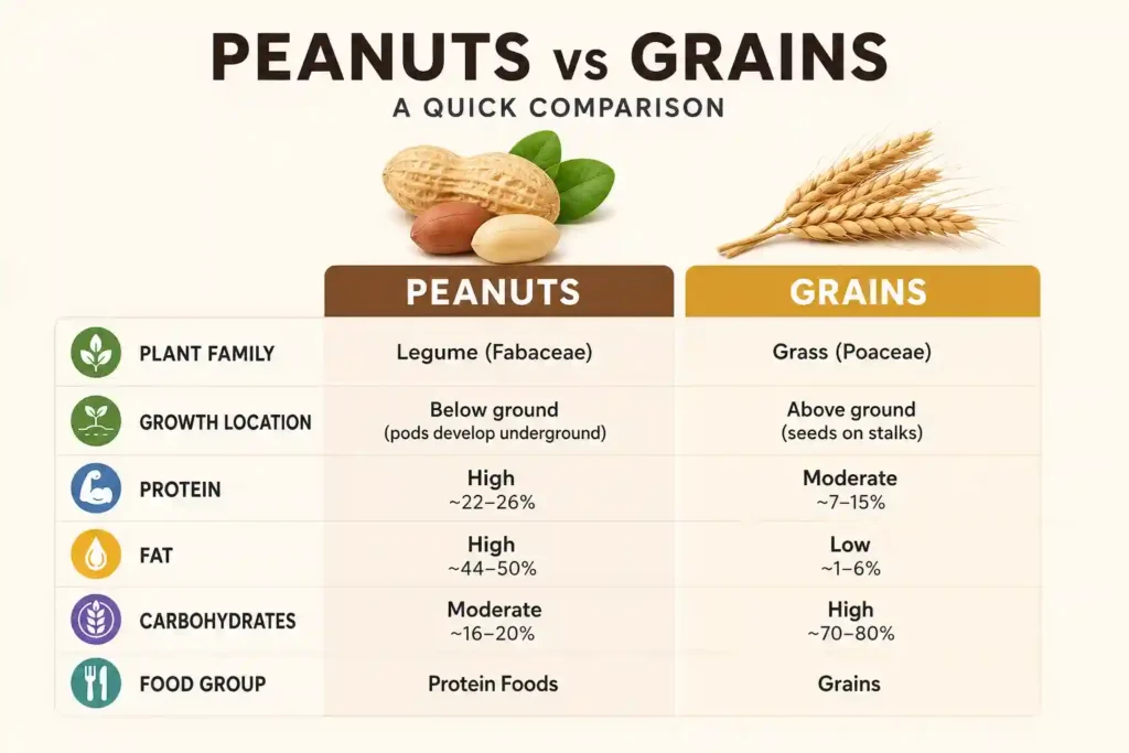infographic comparing peanuts and grains by family and nutrition