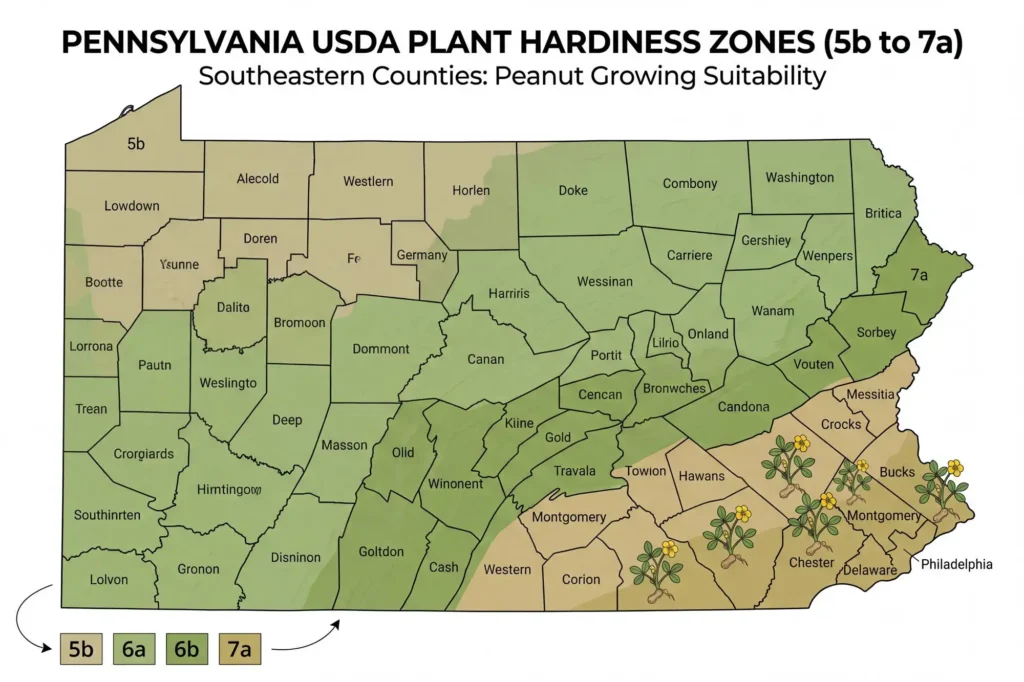USDA hardiness zone map showing peanut growing areas in Pennsylvania