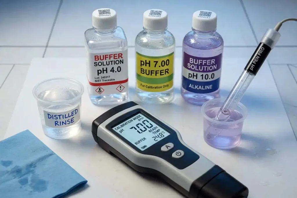 Calibrating digital pH meter with buffer solutions