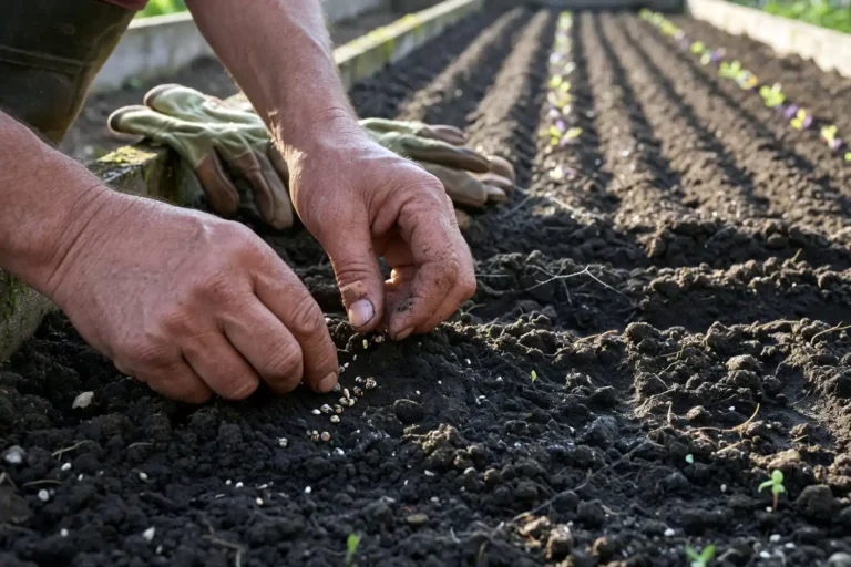 Farmer planting lettuce from seed in prepared spring garden soil