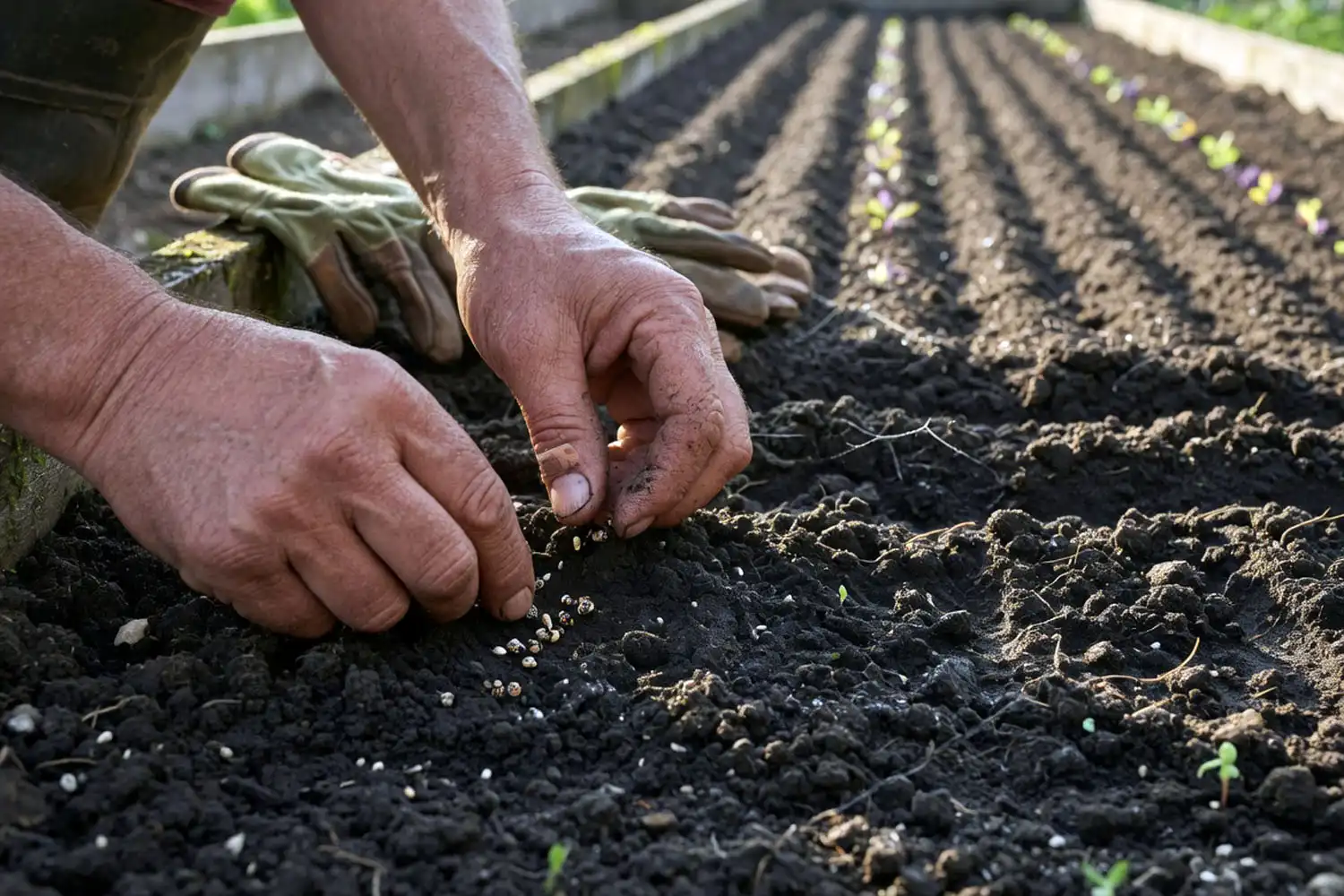 Farmer planting lettuce from seed in prepared spring garden soil