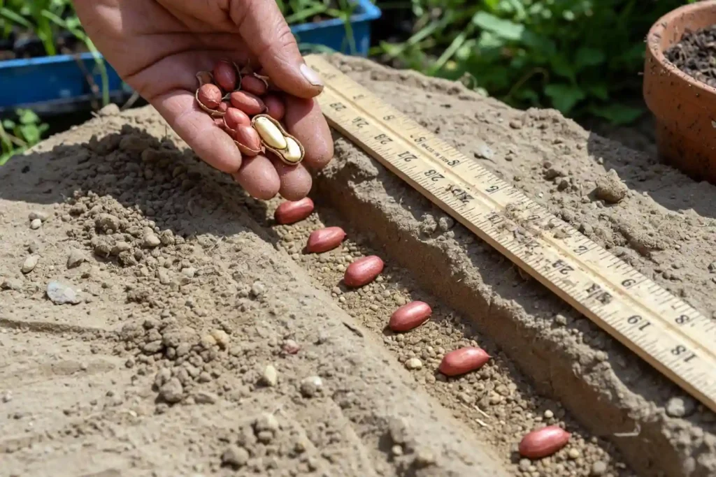 Farmer placing raw peanut kernels into a shallow garden trench