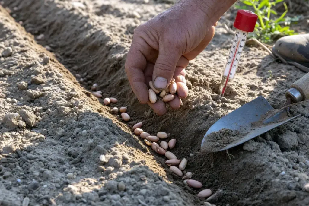Farmer planting peanut seeds in warm spring soil
