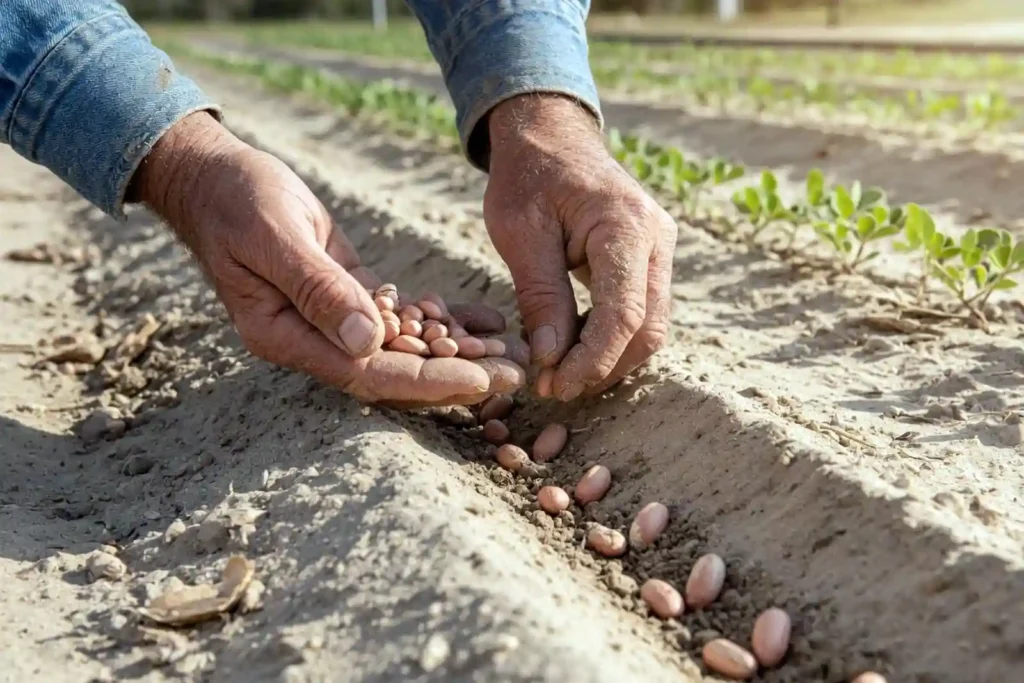 Farmer planting peanut seeds in sandy Texas row