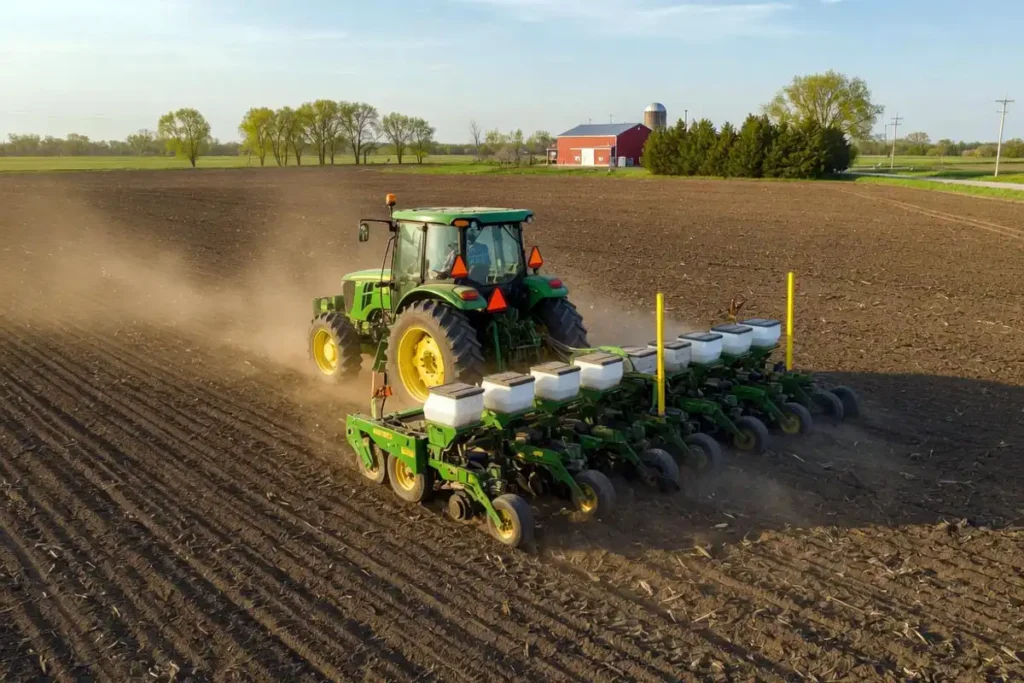 Farmer planting sorghum with a tractor and row planter in spring