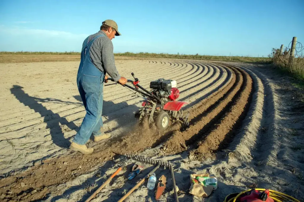 Farmer tilling sandy loam soil for peanut planting