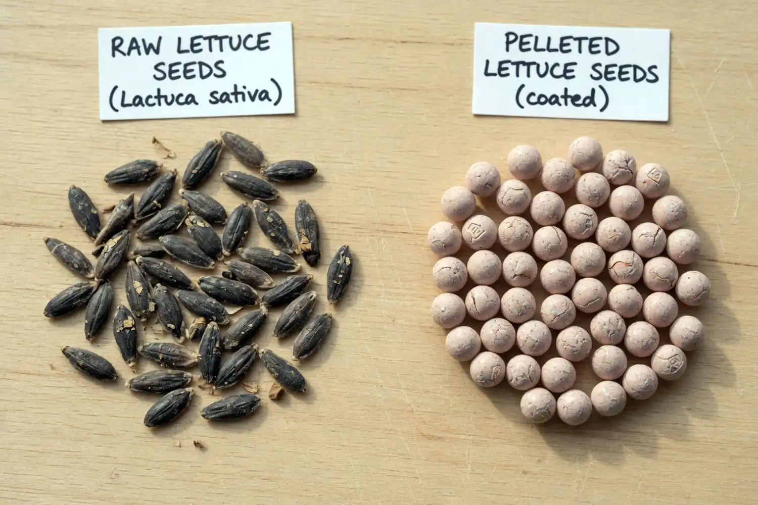 Comparison photo on what a raw lettuce seed and a pelleted lettuce seed look like