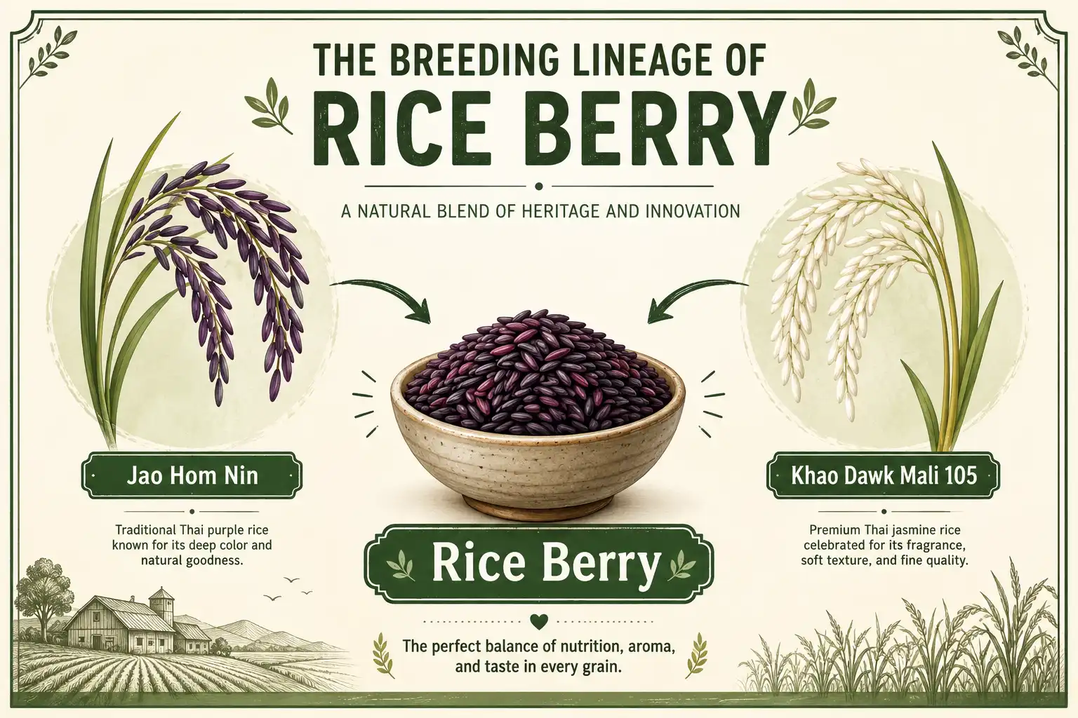 Infographic of rice berry as a cross between Jao Hom Nin purple rice and Khao Dawk Mali 105 Thai jasmine rice