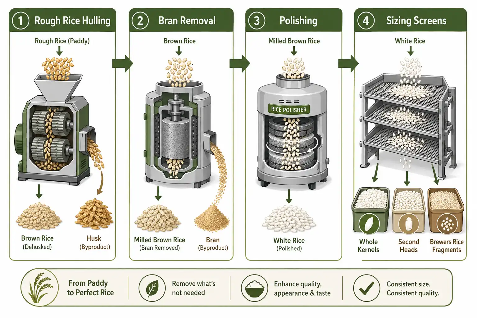 Infographic of how rice milling produces brewers rice as broken kernel fragments