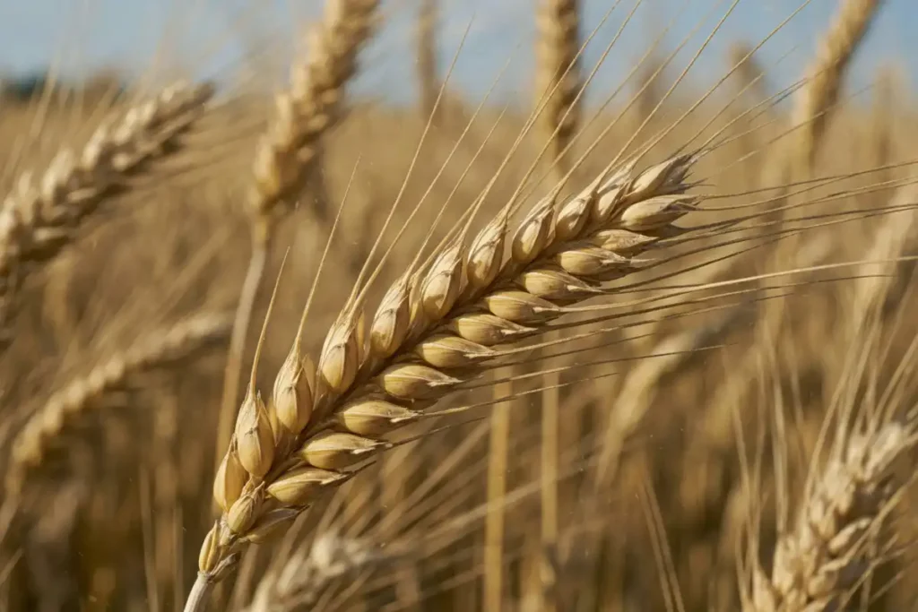 Ripe wheat spike with golden awns ready for harvest