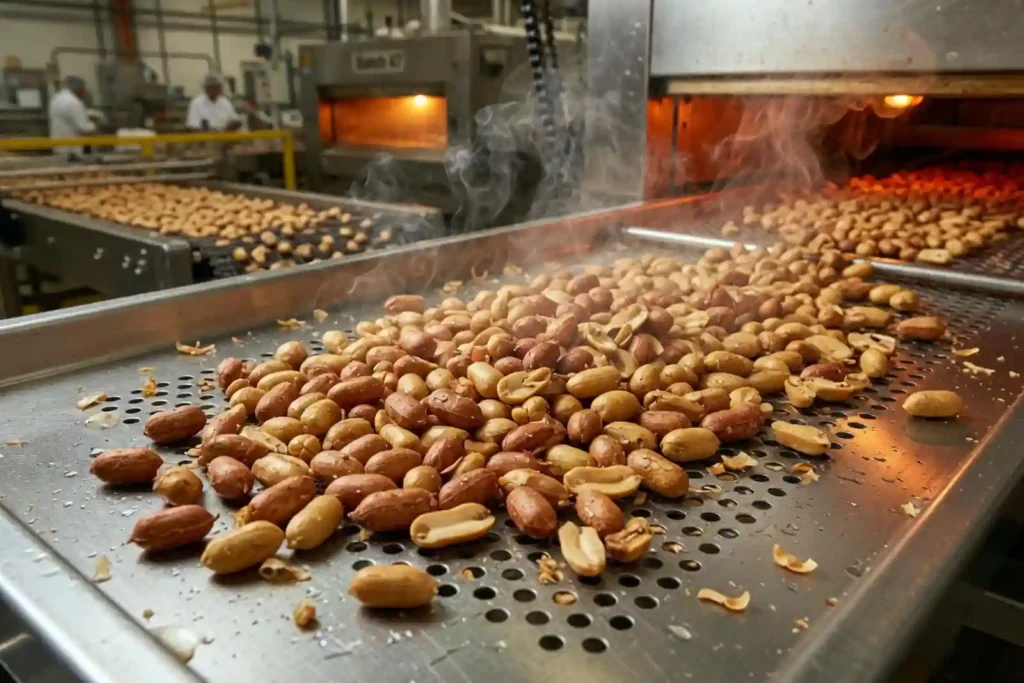 Freshly roasted peanut kernels cooling on stainless tray
