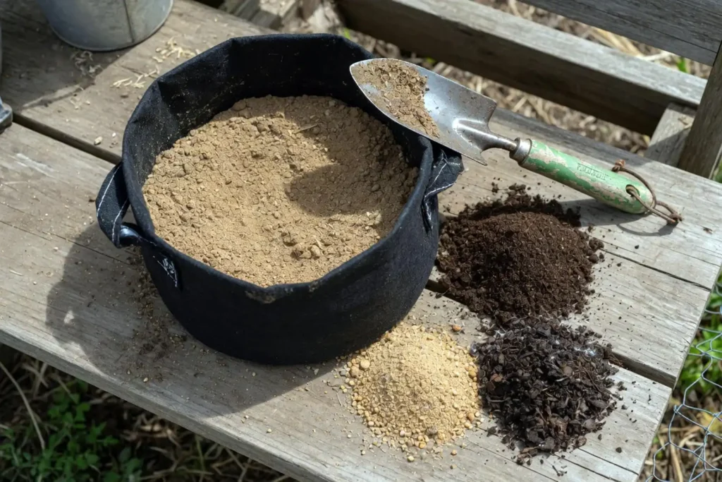 Sandy loam soil mix prepared in a fabric grow bag for peanut planting