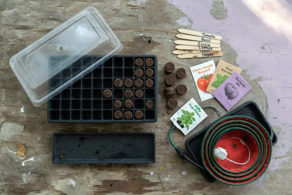 Complete seed starting kit components laid out on workbench