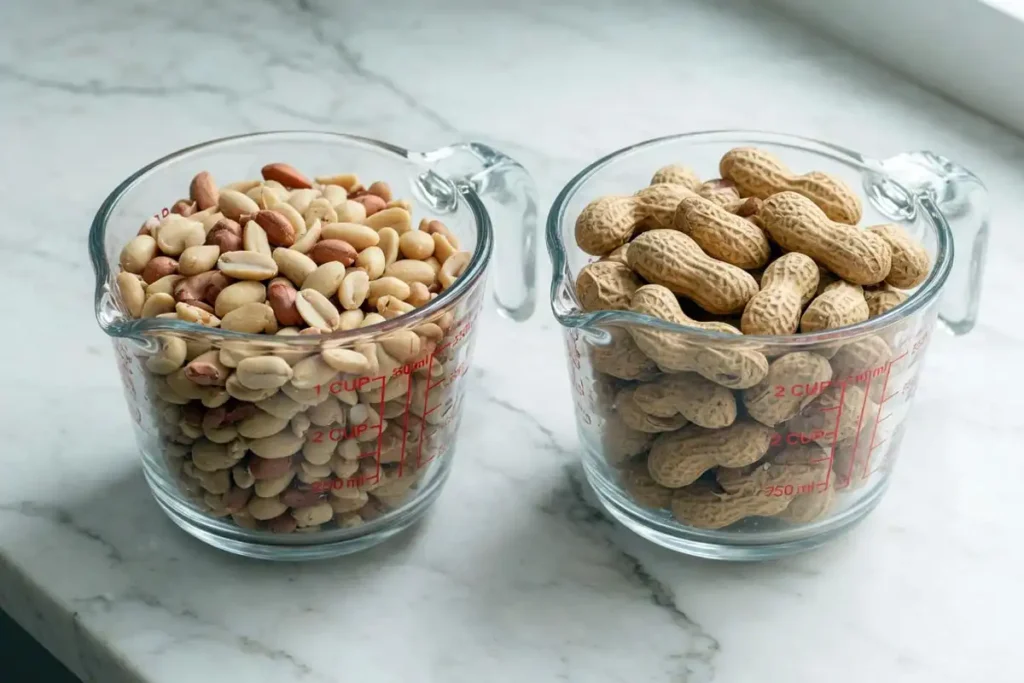 Shelled peanuts and in-shell peanuts in measuring cups side by side