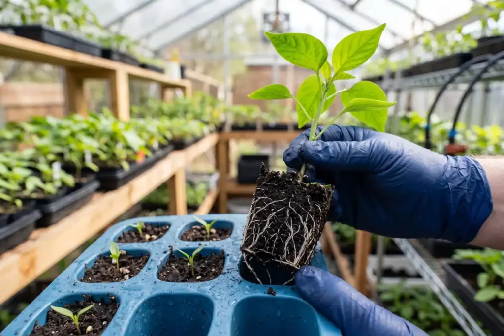 Flexible silicone seed starting tray with seedlings popping out