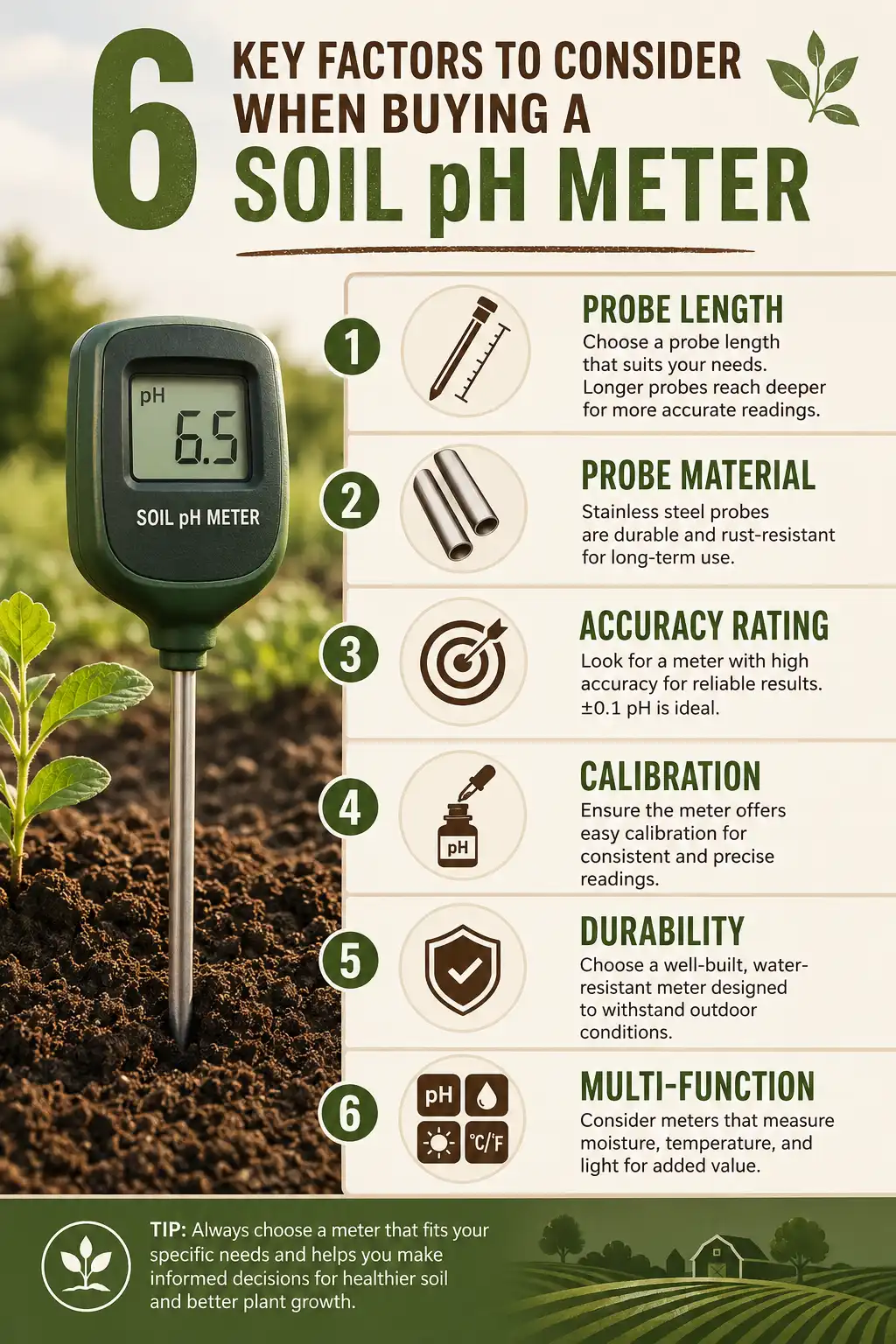 Soil pH meter buying guide showing six key features