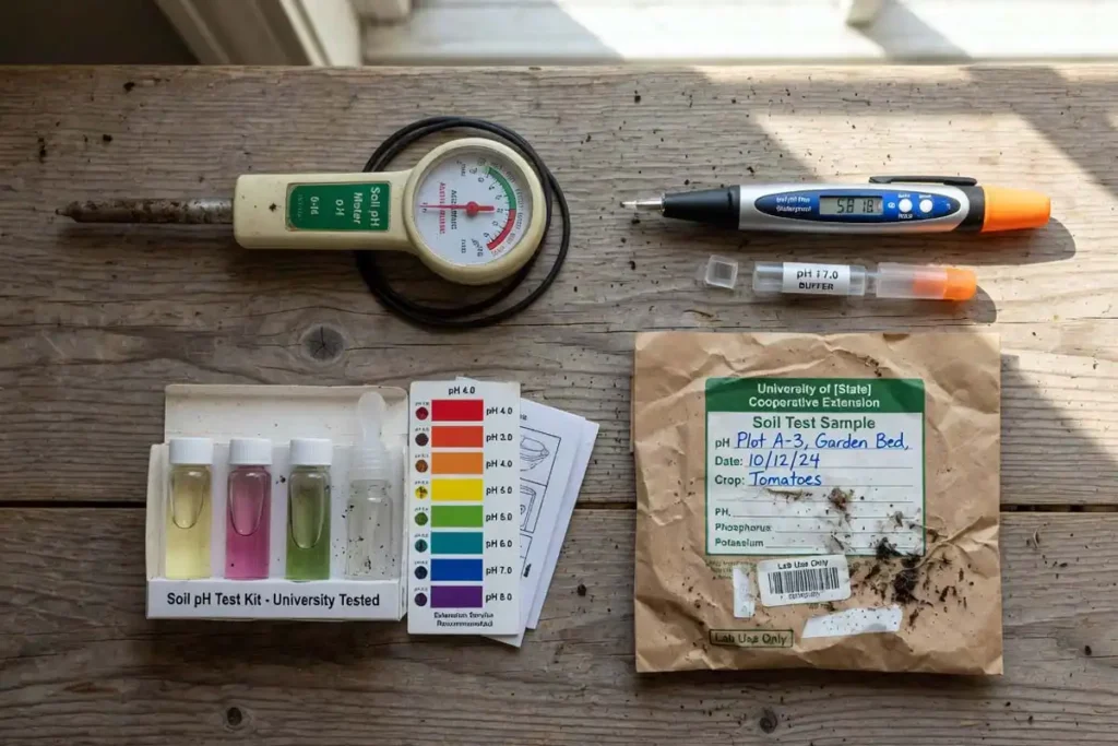 Four types of soil pH testers laid out for comparison
