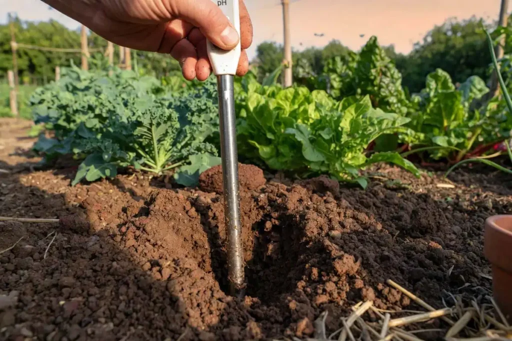 Digital pH meter probe inserted in vegetable bed soil