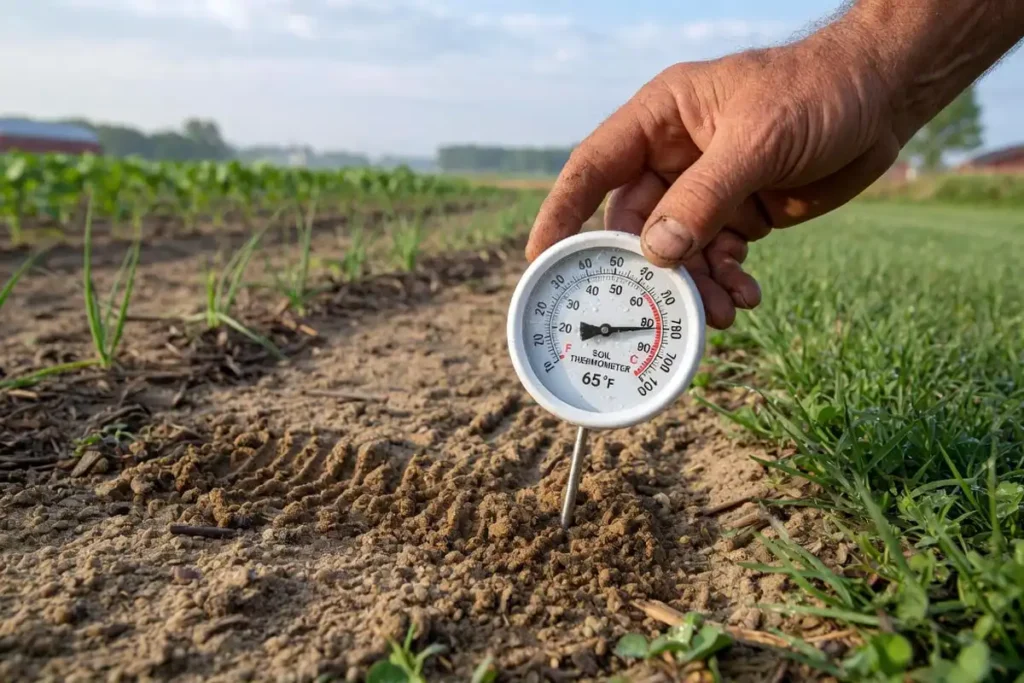 Farmer checking soil temperature before planting peanuts