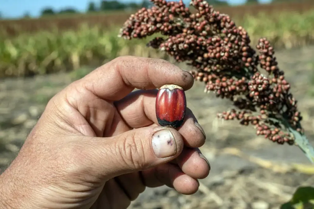 Farmer checking sorghum kernel black layer for maturity