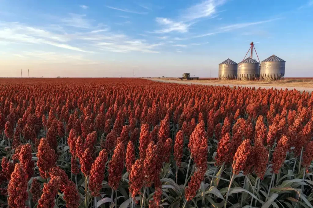 Mature grain sorghum field ready for harvest in Kansas