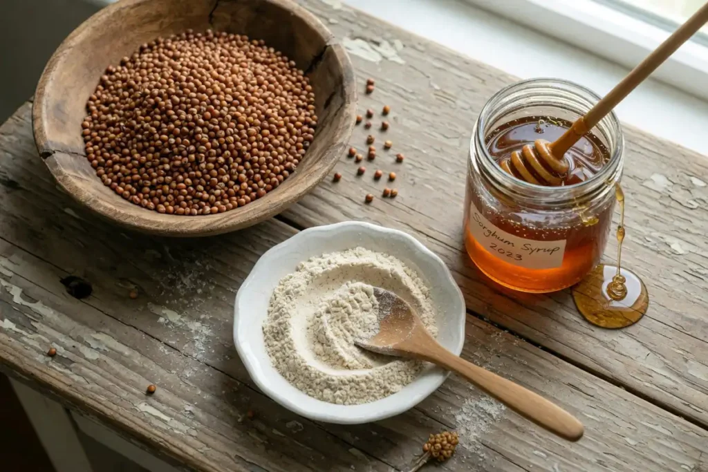 Sorghum grain, gluten-free flour, and syrup arranged on rustic table