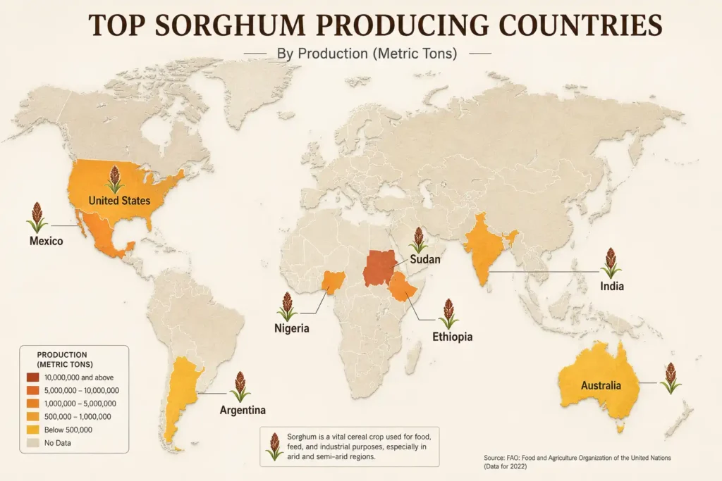 World map showing top sorghum producing countries