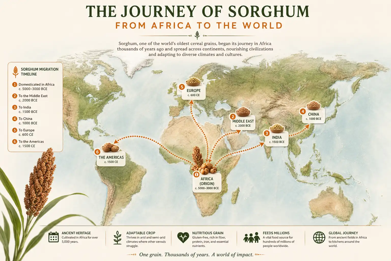 Infographic showing sorghum spread from Africa to Asia and Americas
