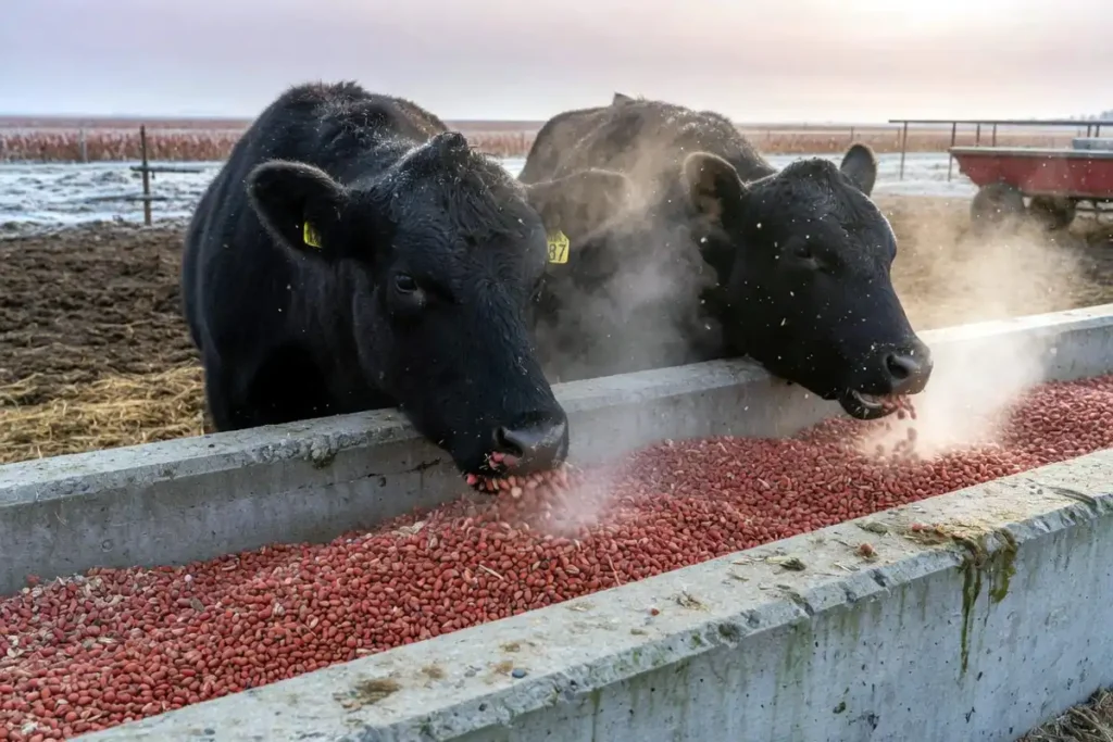 Beef cattle eating rolled milo grain at feedlot bunk