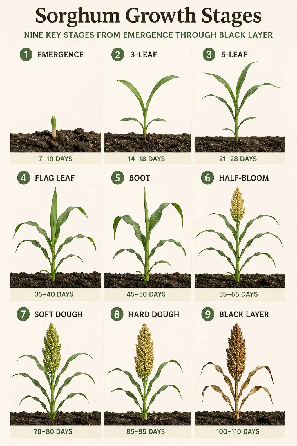 Sorghum growth stages timeline from emergence to black layer