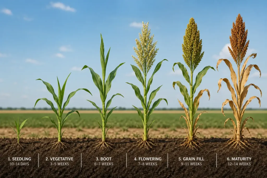 Six growth stages of a sorghum plant from seedling to maturity