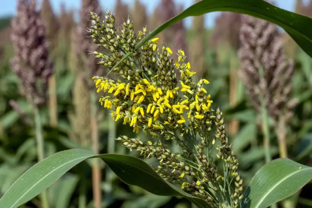Sorghum panicle at half-bloom flowering stage in field