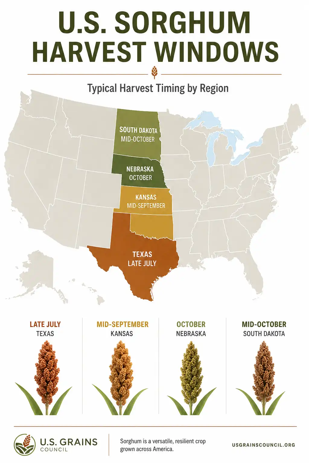 Sorghum harvest timing chart across U.S. regions