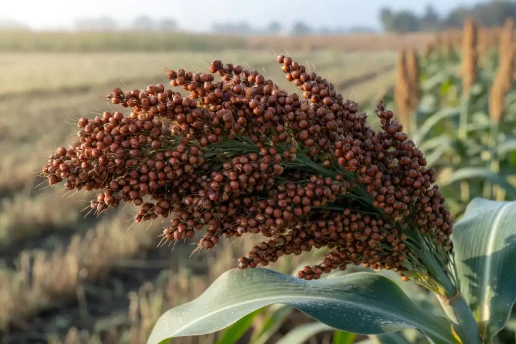 Close-up of a sorghum panicle filled with round grains