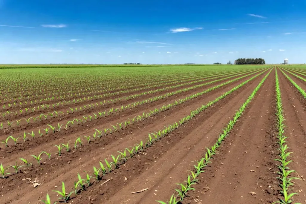 Young sorghum plants growing in evenly spaced rows